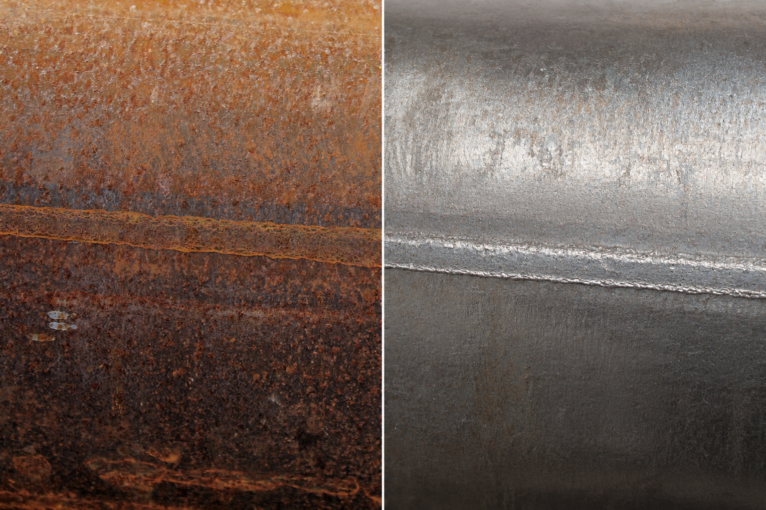 Before-and-after view of laser rust removal on metal